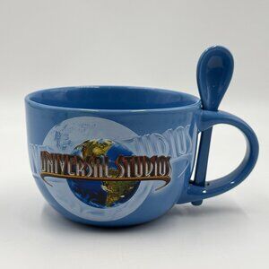 Universal Studios Globe Logo Mug Bowl with Spoon Blue Soup Cereal Souvenir